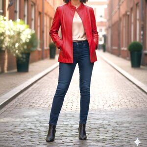 Women's Red Lambskin Leather Jacket with Mandarin Collar